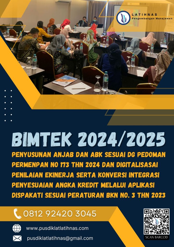 Bimtek Penyusunan ANJAB dan ABK sesuai dg Pedoman Permenpan No 173 Thn 2024 dan Digitalisasai Penilaian EKinerja Serta Konversi Integrasi Penyesuaian Angka Kredit Melalui Aplikasi Dispakati Sesuai PeraturanBKN No. 3 Thn 2023 